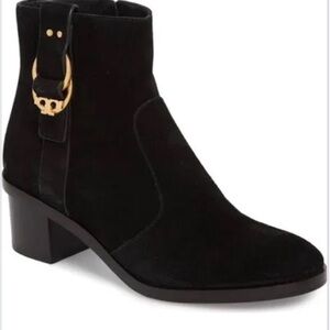 Tory Burch Black and Gold Ankle Booties with Suede Finish